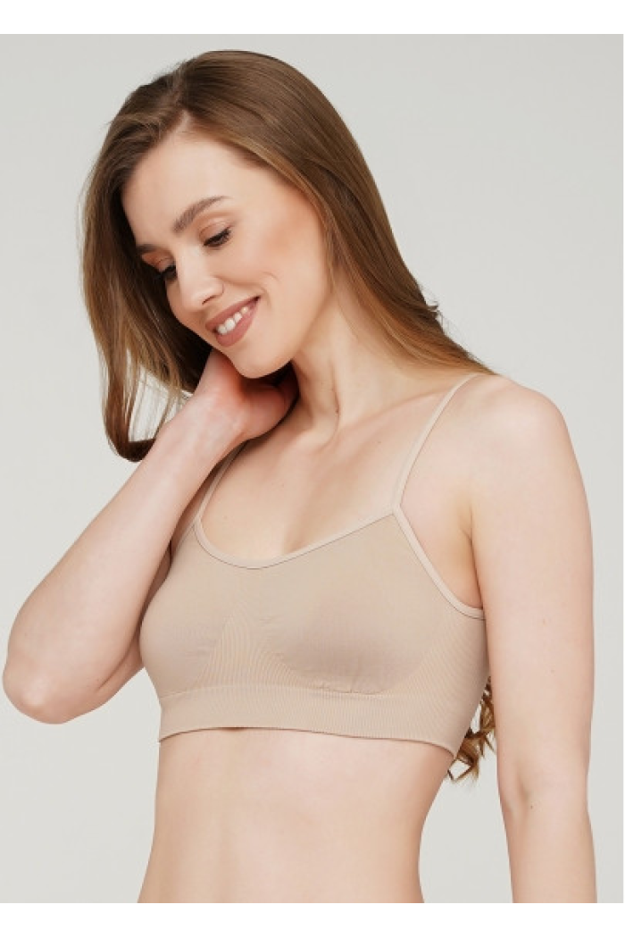 Бесшовный мягкий женский топ на тонких бретелях GIULIA легкий поддерживающий топик Нижнее белье S/M, Бежевый