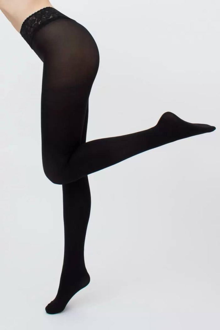 Ажурні колготки з мереживним поясом на силіконі Giulia 100 ден Щільні колготи Класичні Чорні Щільні колготи
